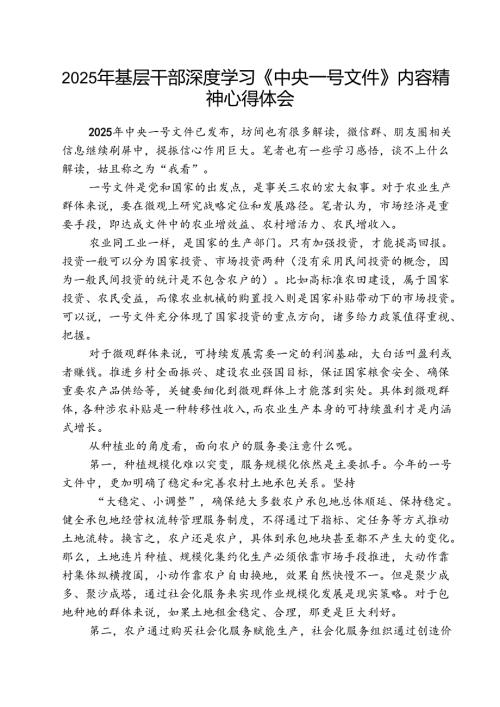 2025年基层干部深度学习《中央一号文件》内容精神心得体会 五篇.docx