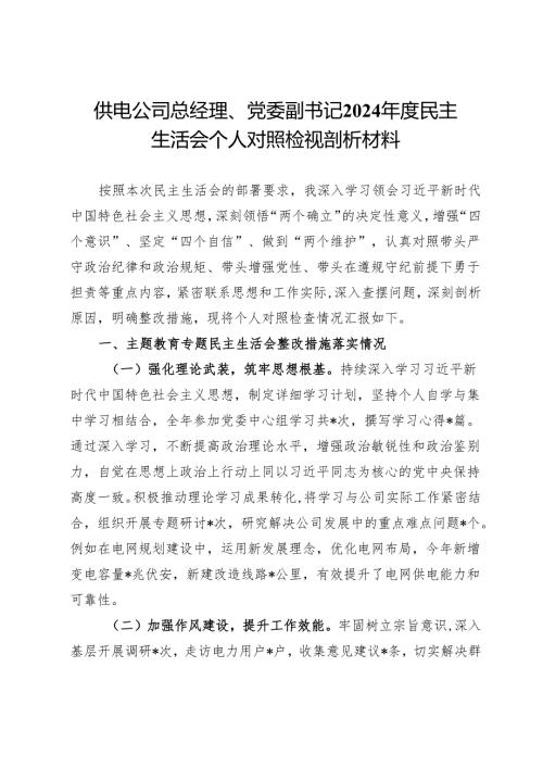 供电公司总经理、党委副书记2024民主生活会个人对照检视剖析材料(2).docx