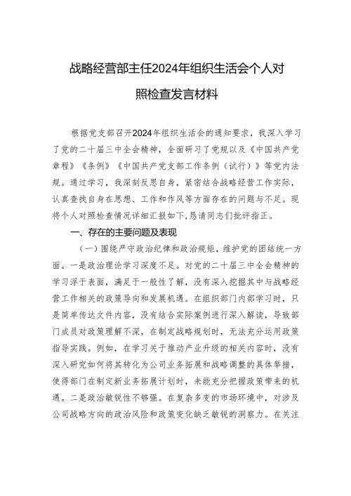 战略经营部主任2024组织生活会个人对照检查发言材料.docx