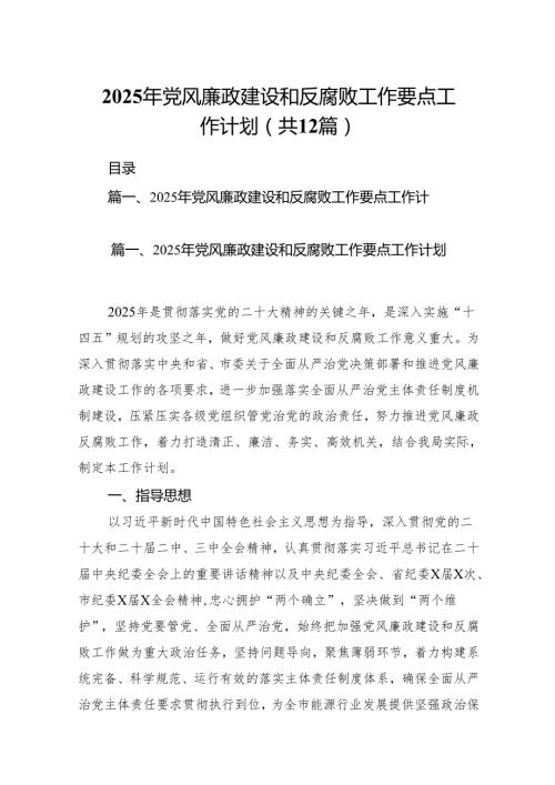 2025年党风廉政建设和反腐败工作要点工作计划12篇（精编版）.docx