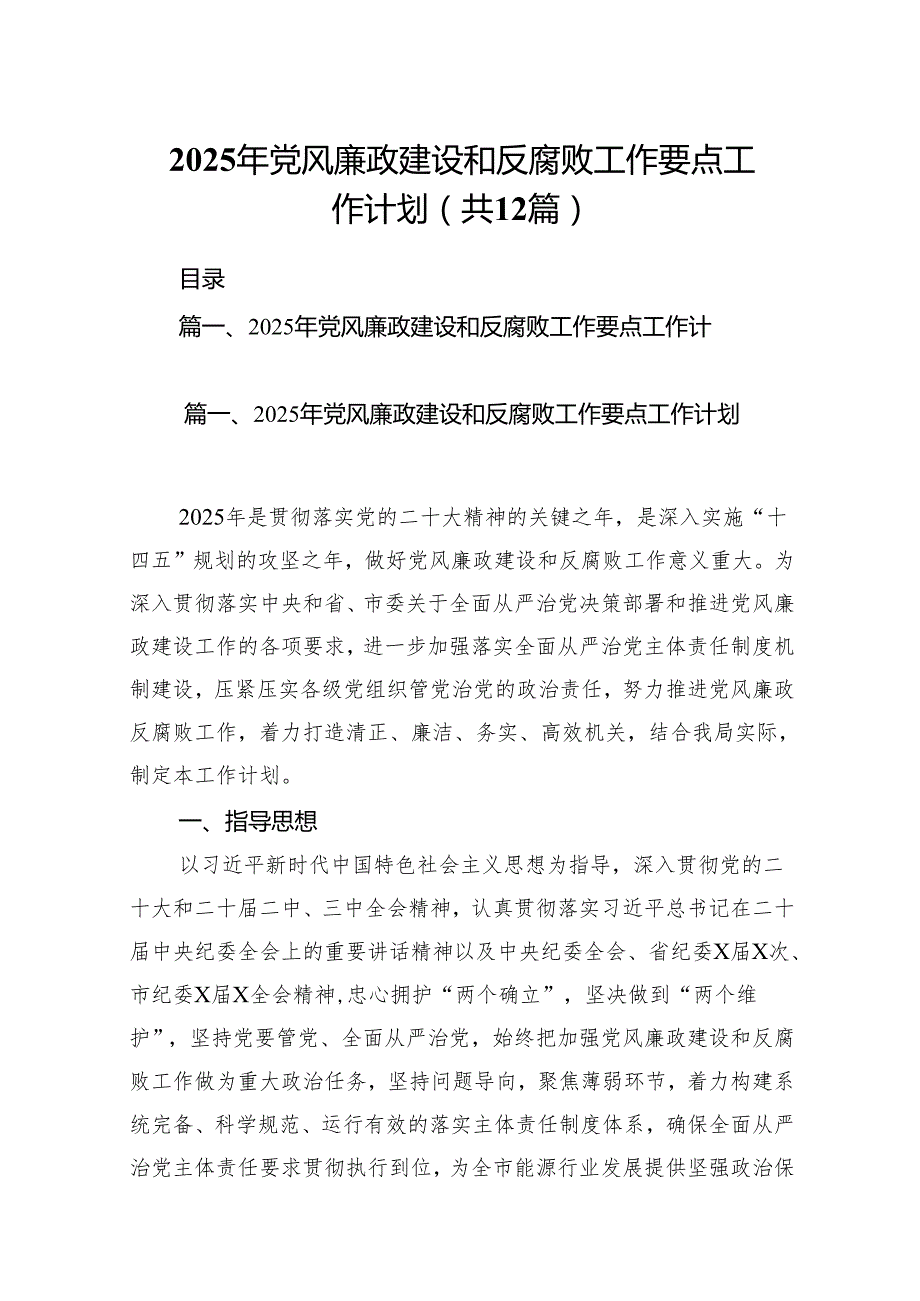 2025年党风廉政建设和反腐败工作要点工作计划12篇（精编版）.docx_第1页