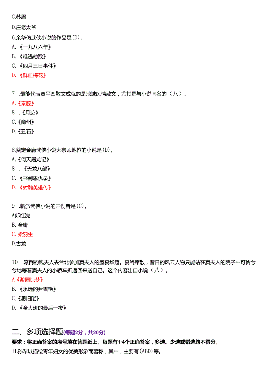 1月国家开放大学汉语言文学本科《中国当代文学专题》期末纸质考试试题及答案.docx_第2页