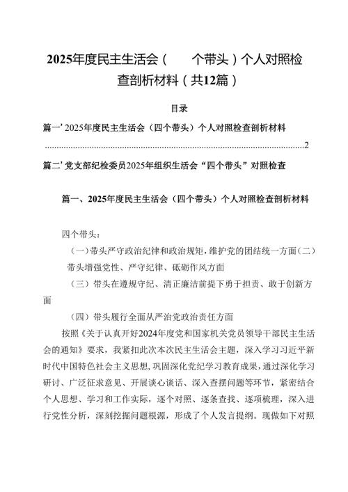 （12篇）2025民主生活会（四个带头）个人对照检查剖析材料最新版.docx
