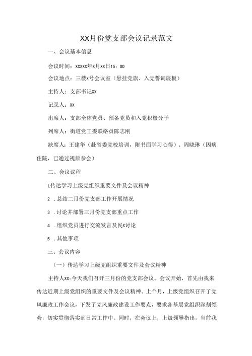 XX月份党支部会议记录范文.docx