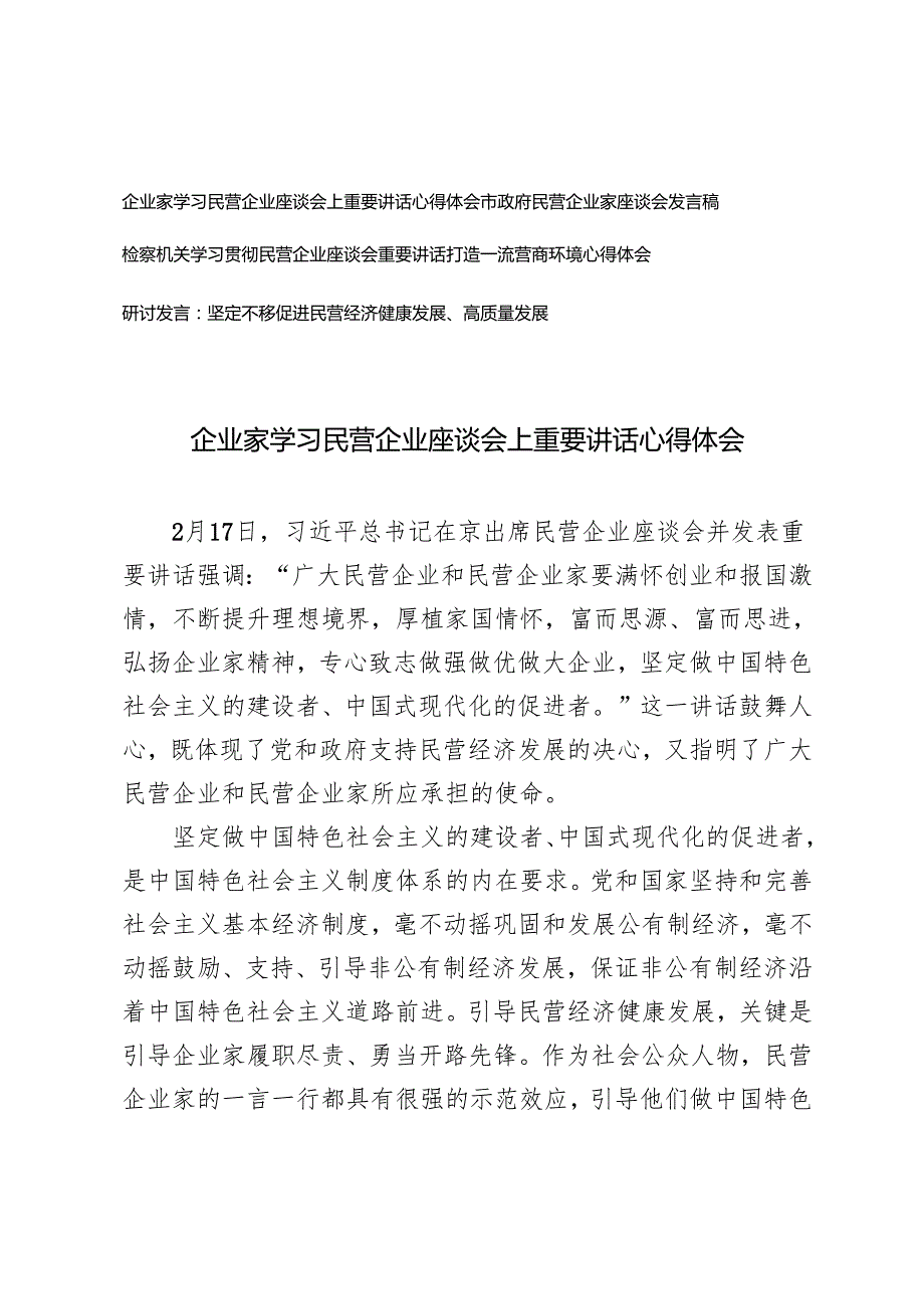 （市政府、企业家、检察机关）学习民营企业座谈会上重要讲话心得体会+坚定不移促进民营经济健康发展、高质量发展研讨发言.docx_第1页