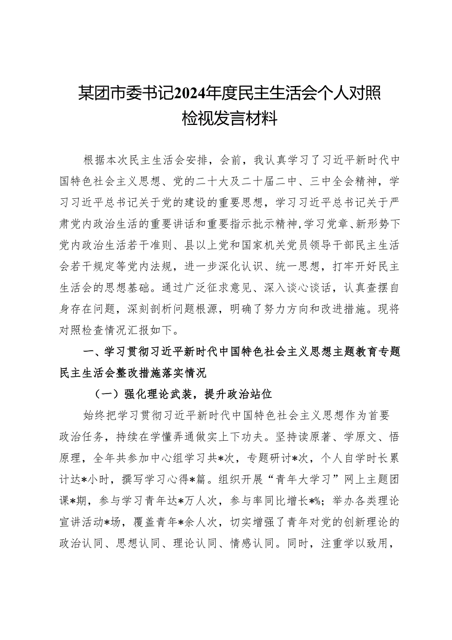 某团市委书记2024民主生活会个人对照检视发言材料(1).docx_第1页