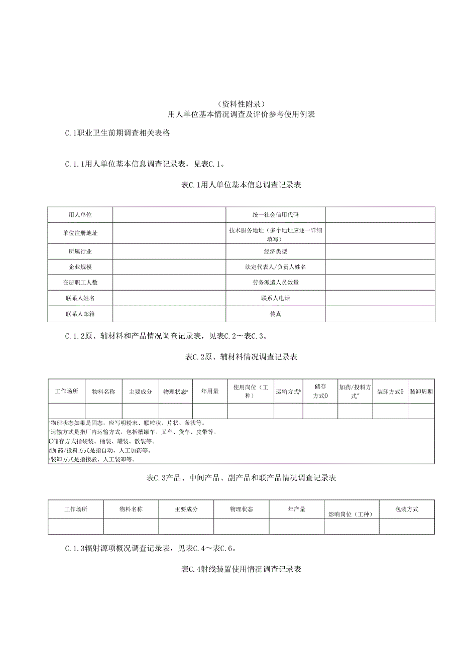用人单位基本情况调查及评价参考使用例表、职业病危害现状评价报告格式.docx_第1页