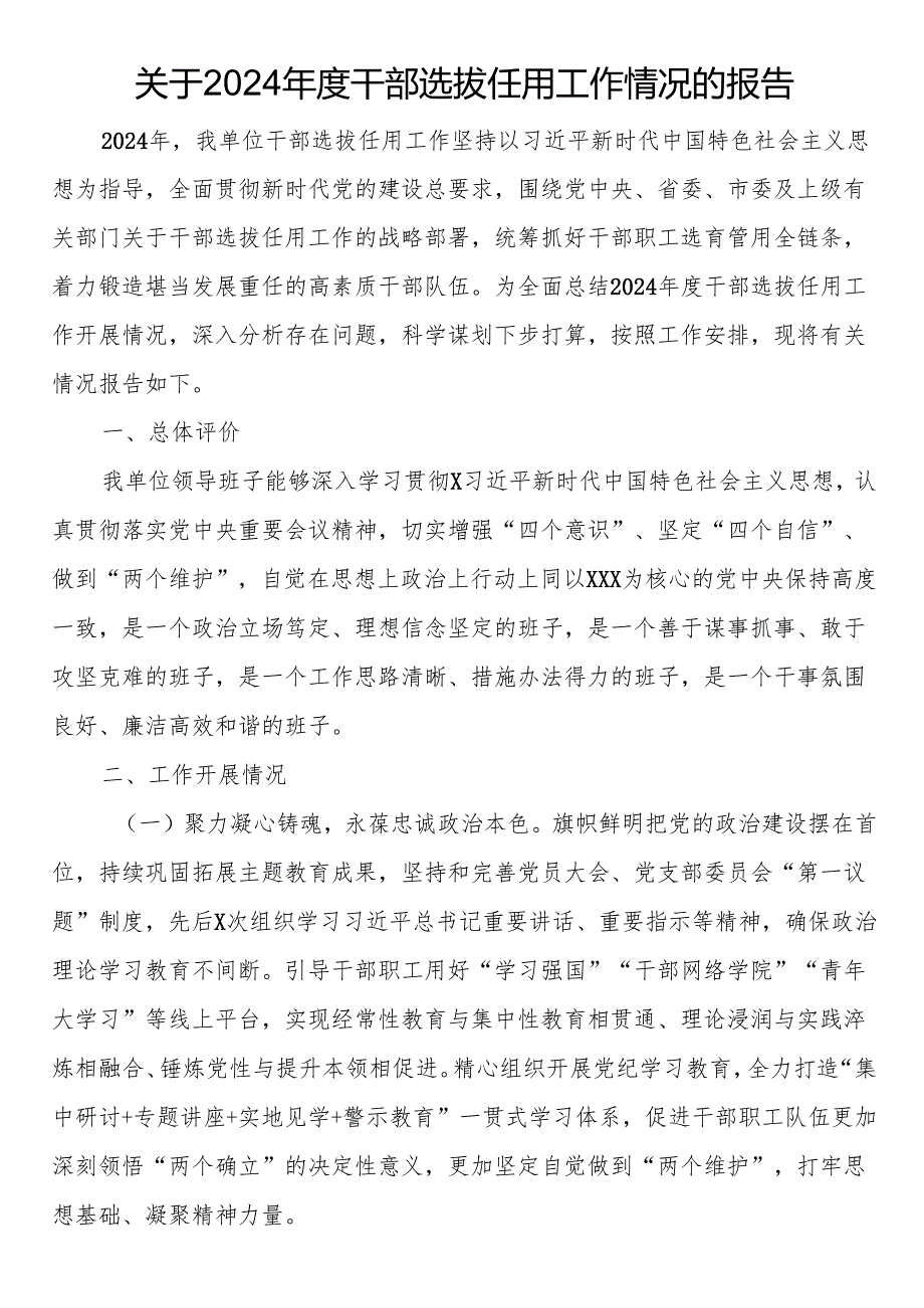 关于2024干部选拔任用工作情况的报告.docx_第1页