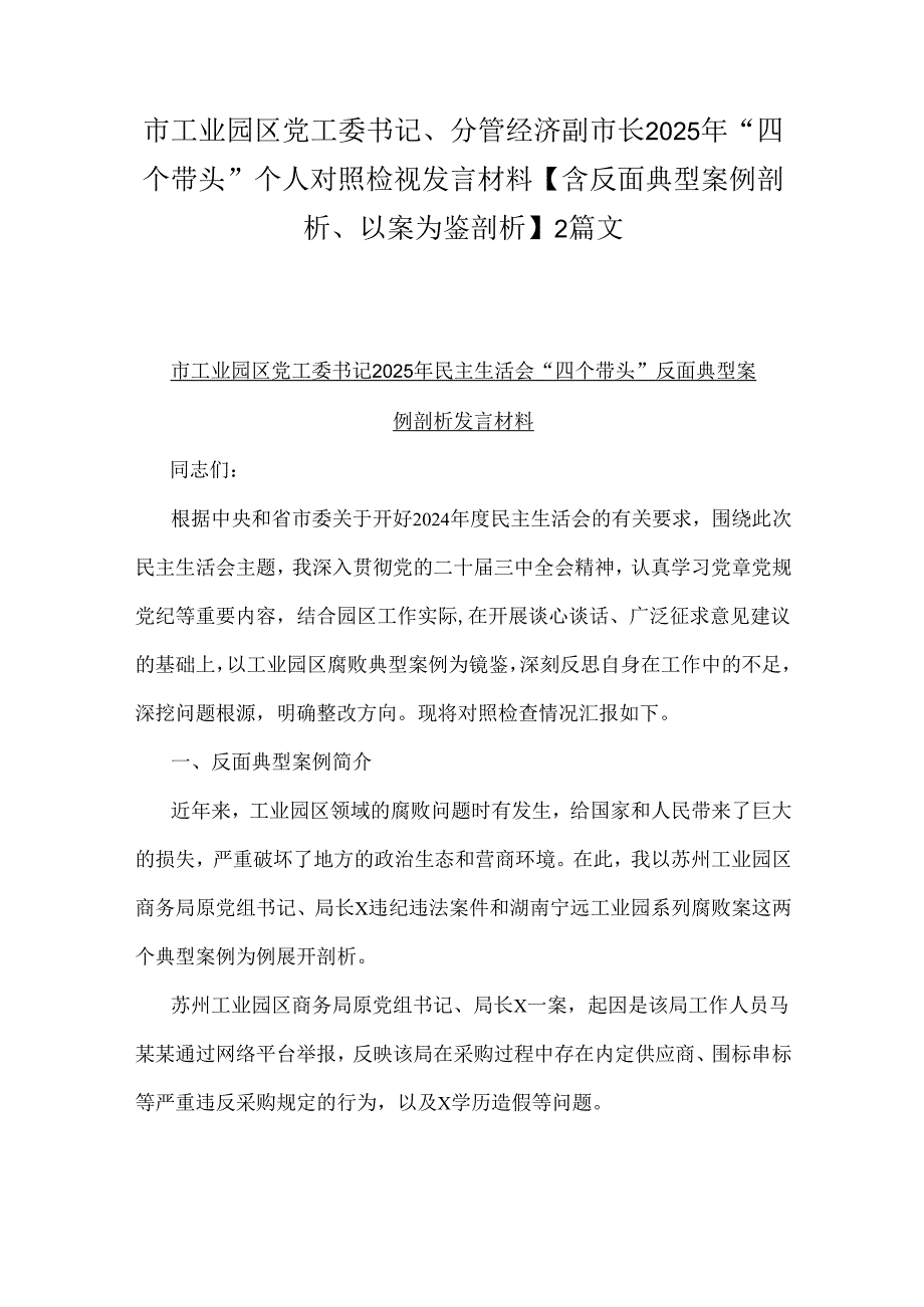 市工业园区党工委书记、分管经济副市长2025年“四个带头”个人对照检视发言材料【含反面典型案例剖析、以案为鉴剖析】2篇文.docx_第1页