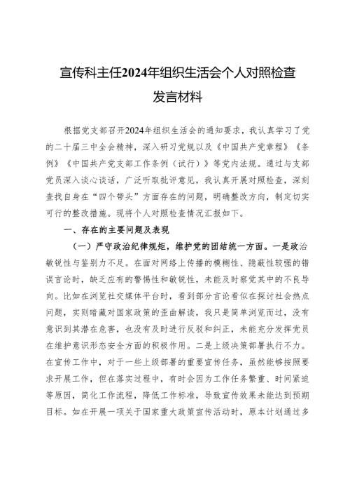 宣传科主任2024年组织生活会个人对照检查发言材料.docx
