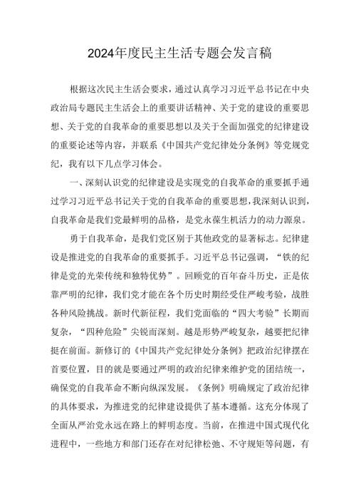 学习2024《民主生活》专题会发言工作汇报(1)(1).docx