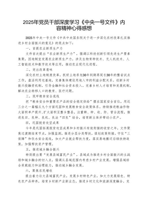 2025年党员干部深度学习《中央一号文件》内容精神心得感想 5篇.docx