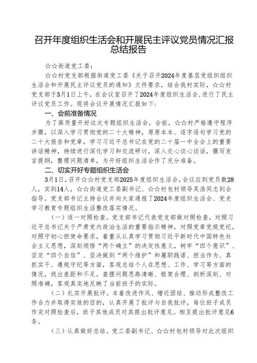 召开2025组织生活会和开展民主评议党员情况汇报总结报告(精选五篇模板).docx