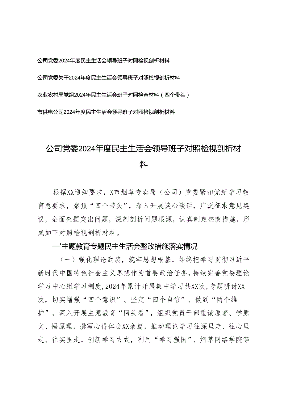 农业农村局党组、公司党委、供电公司20242025民主生活会领导班子对照检视剖析材料.docx_第1页