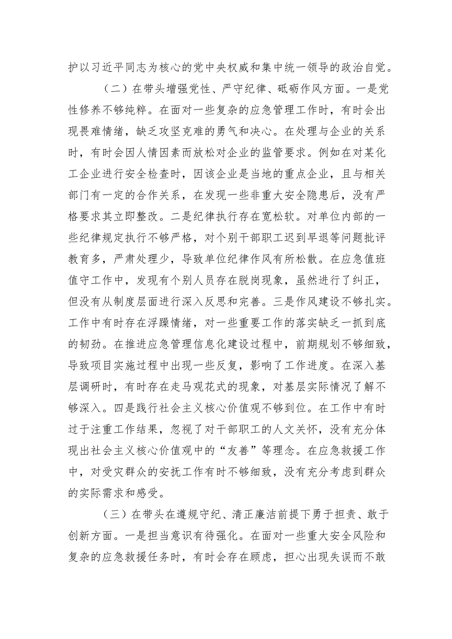 应急管理局局长2024民主生活会个人对照查摆剖析发言材料.docx_第3页