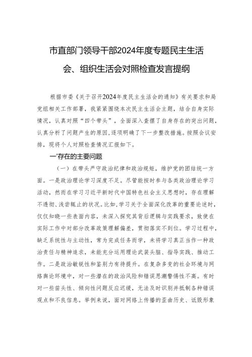 市直领导干部2024民主生活会、组织生活会对照检查发言提纲.docx