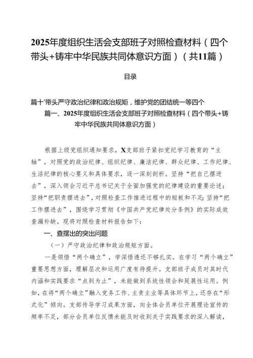 2025组织生活会支部班子对照检查材料（四个带头铸牢中华民族共同体意识方面）范文11篇专题资料.docx