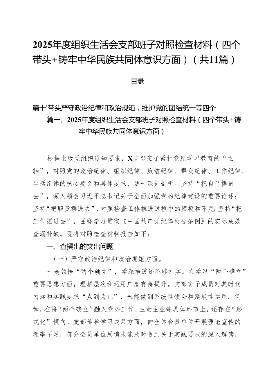 2025组织生活会支部班子对照检查材料（四个带头铸牢中华民族共同体意识方面）范文11篇专题资料.docx_第1页