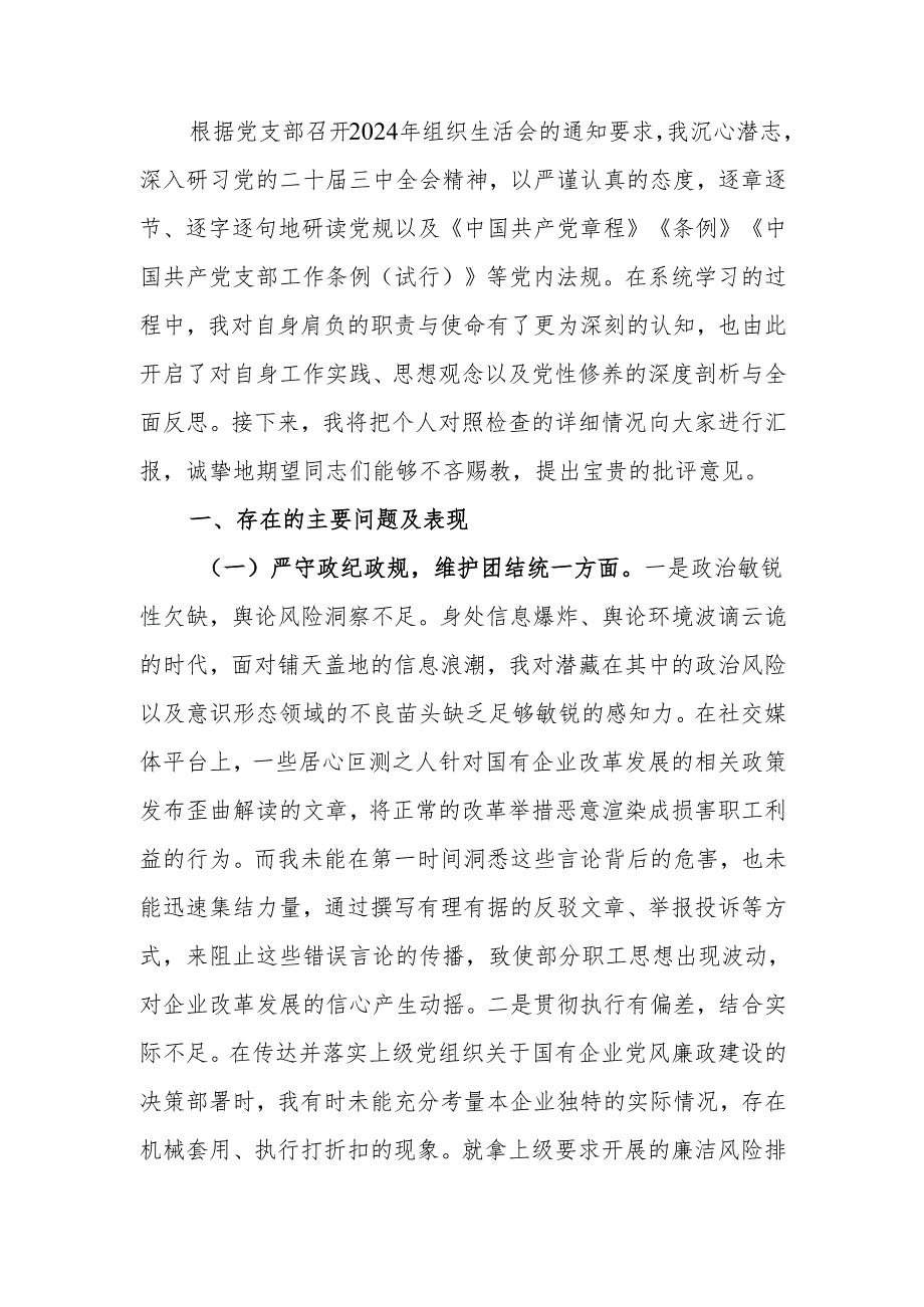 最新国有企业党支部纪检委员2024年组织生活个人四个带头检查发言材料word范文.docx_第1页
