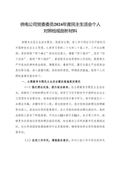 供电公司党委委员2024民主生活会个人对照检视剖析材料.docx