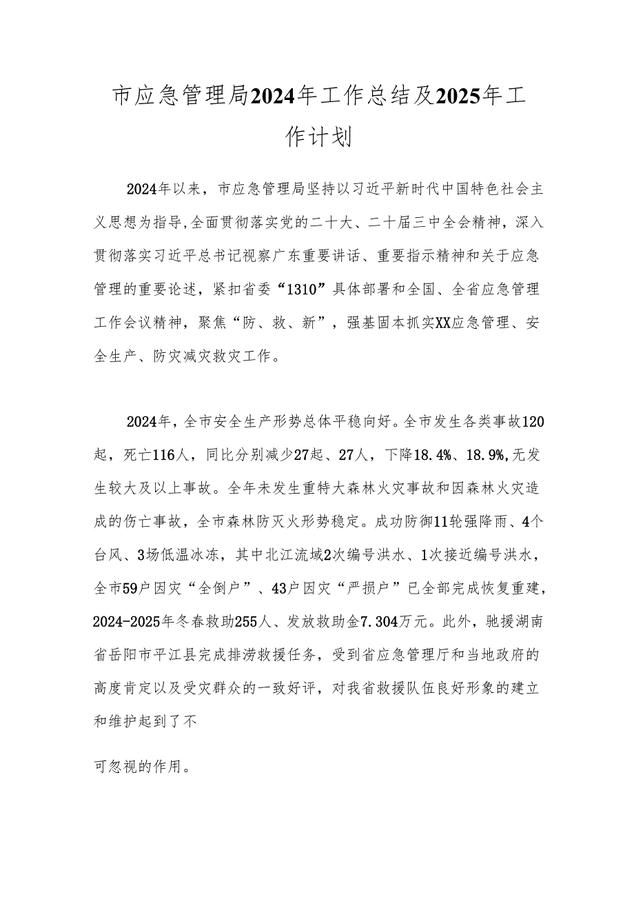 市应急管理局2024年工作总结及2025年工作计划.docx_第1页
