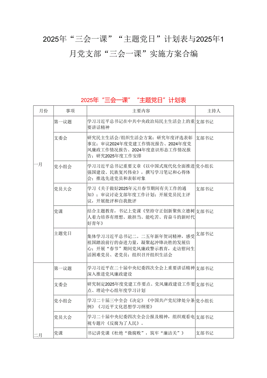 2025年“三会一课”“主题党日”计划表与2025年1月党支部“三会一课”实施方案合编.docx_第1页