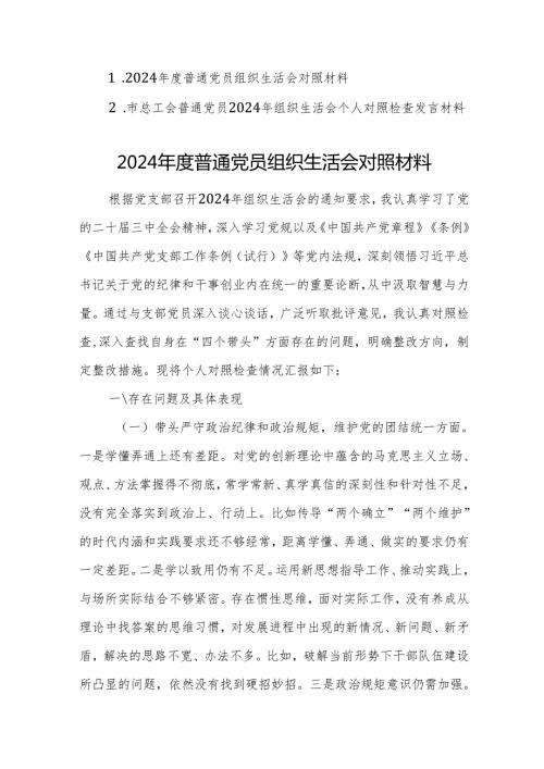 2篇：通党员2024年组织生活会个人“四个带头”对照检查发言材料范文.docx