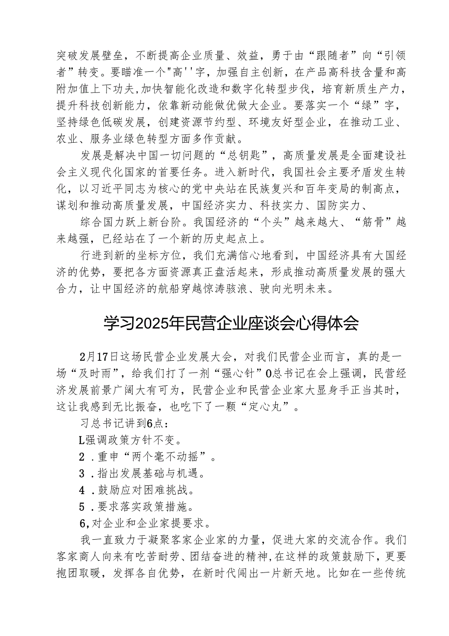 学习民营企业座谈会上重要讲话坚持高质量发展心得体会 五篇.docx_第2页