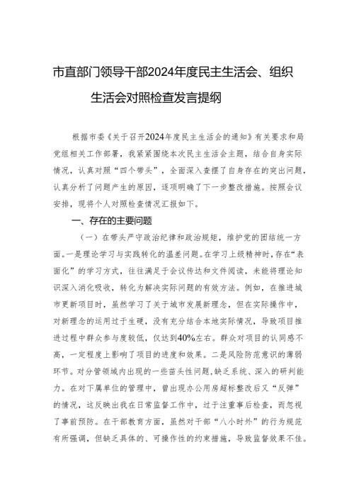 市直部门领导干部2024民主生活会、组织生活会对照检查发言材料.docx