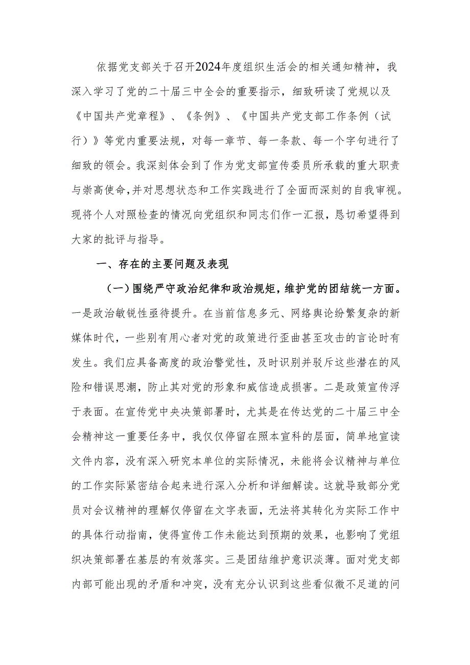 最新党支部宣传委员2024年组织生活个人四个带头检查材料检查发言材料word范文.docx_第1页