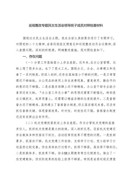巡视整改专题民主生活会领导班子成员对照检查材料（共8篇）.docx