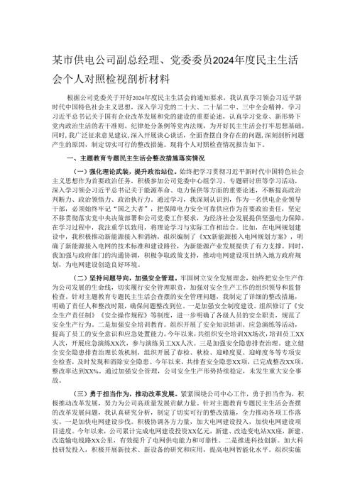 某市供电公司副总经理、党委委员2024民主生活会个人对照检视剖析材料(1).docx