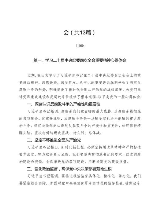（13篇）学习二十中央纪委四次全会重要精神心得体会范文.docx
