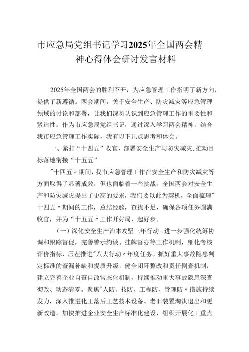 市应急局党组书记学习2025年全国两会精神心得体会研讨发言材料.docx