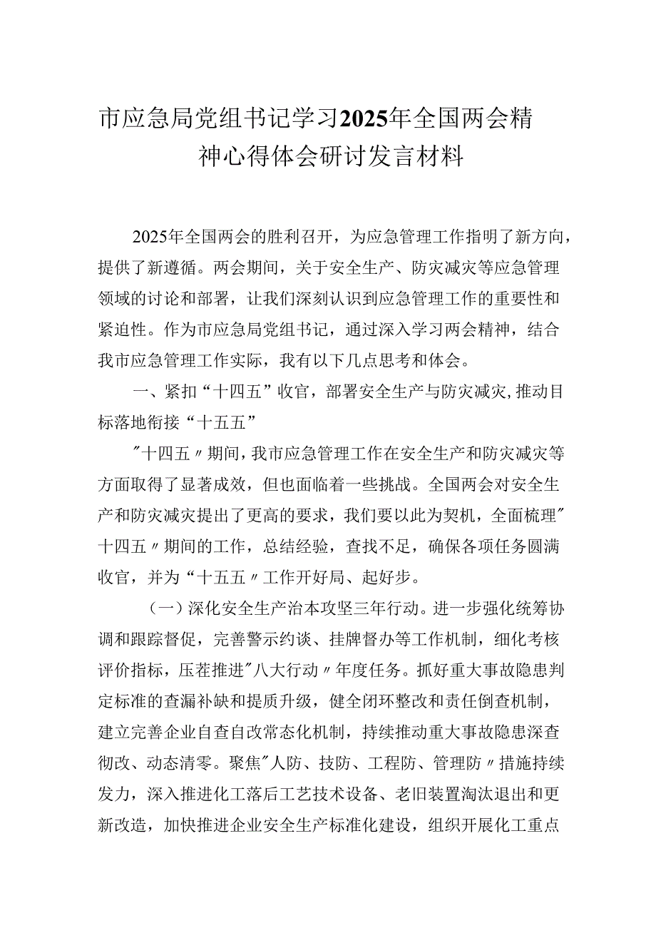 市应急局党组书记学习2025年全国两会精神心得体会研讨发言材料.docx_第1页