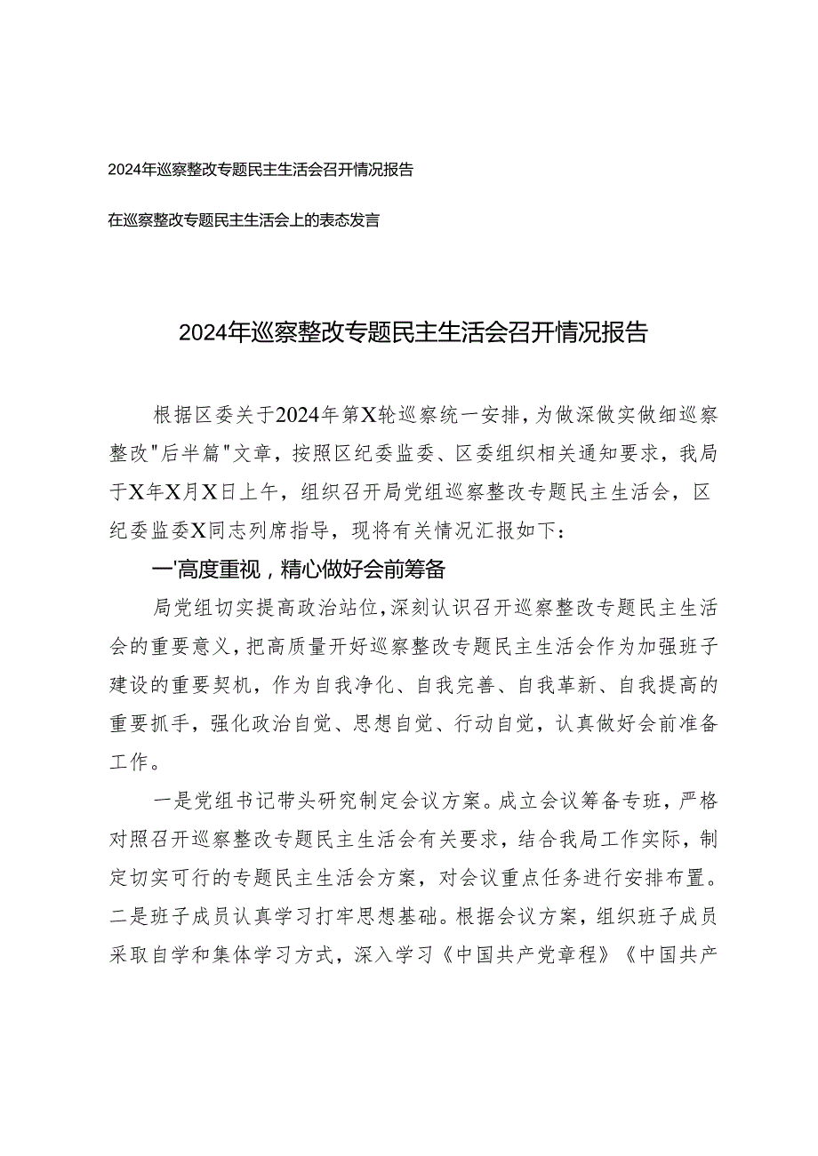 2025年巡察整改专题民主生活会召开情况报告+在巡察整改专题民主生活会上的表态发言.docx_第1页
