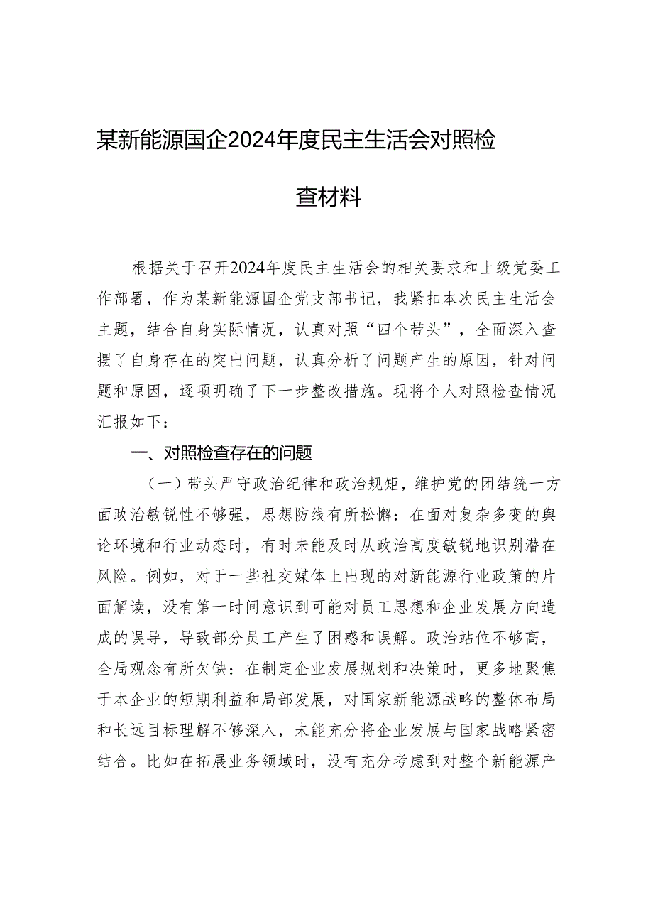 新能源国企2024民主生活会对照检查发言材料.docx_第1页