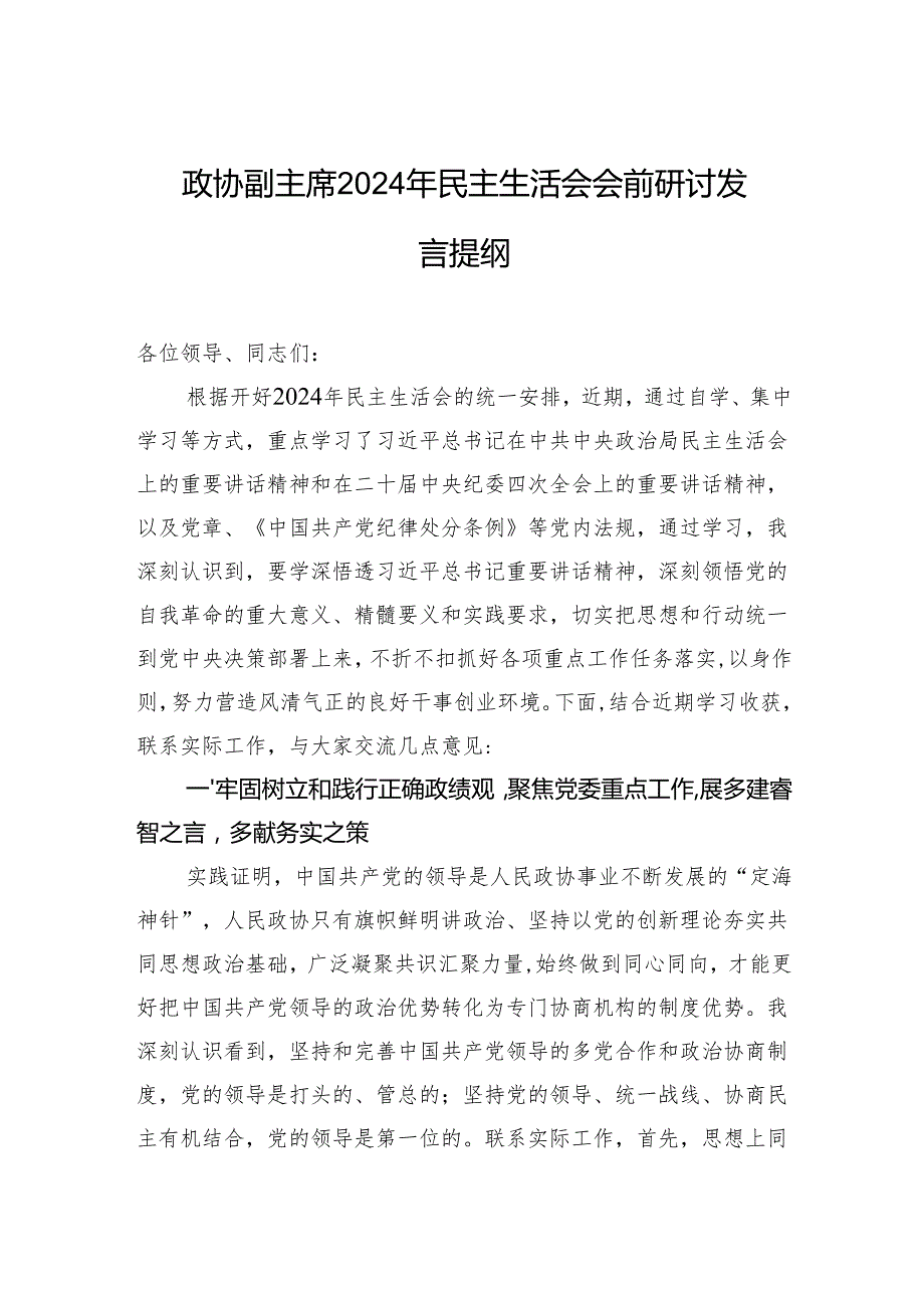 政协副主席2024年民主生活会会前研讨发言提纲.docx_第1页