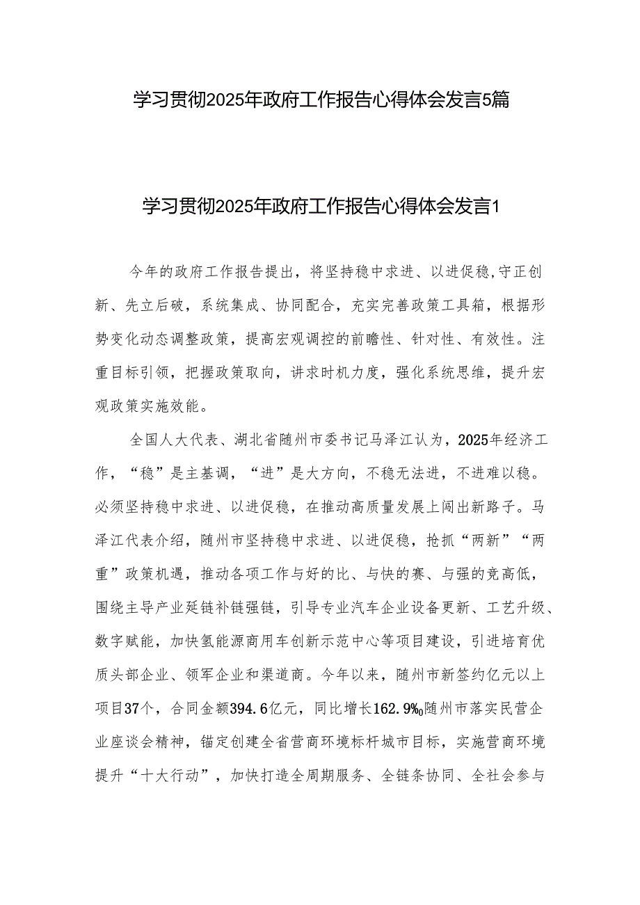 学习贯彻2025年政府工作报告心得体会研讨发言感想5篇.docx_第1页
