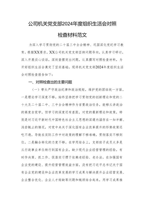 公司机关党支部2024组织生活会对照检查材料范文.docx