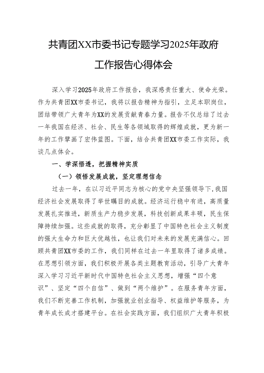 共青团市委书记专题学习2025年政府工作报告心得体会.docx_第1页