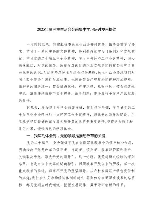 （十篇）2025民主生活会会前集中学习研讨发言提纲精选.docx