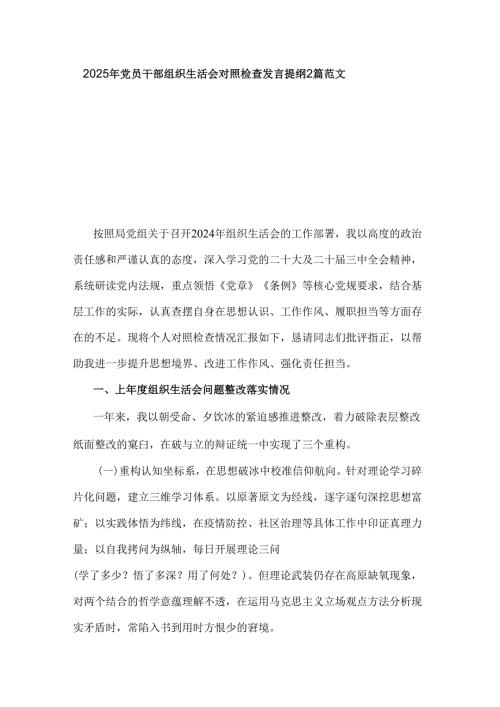 2025年党员干部组织生活会对照检查发言提纲2篇范文.docx