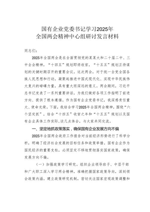 国有企业党委书记学习2025年全国两会精神中心组研讨发言材料.docx