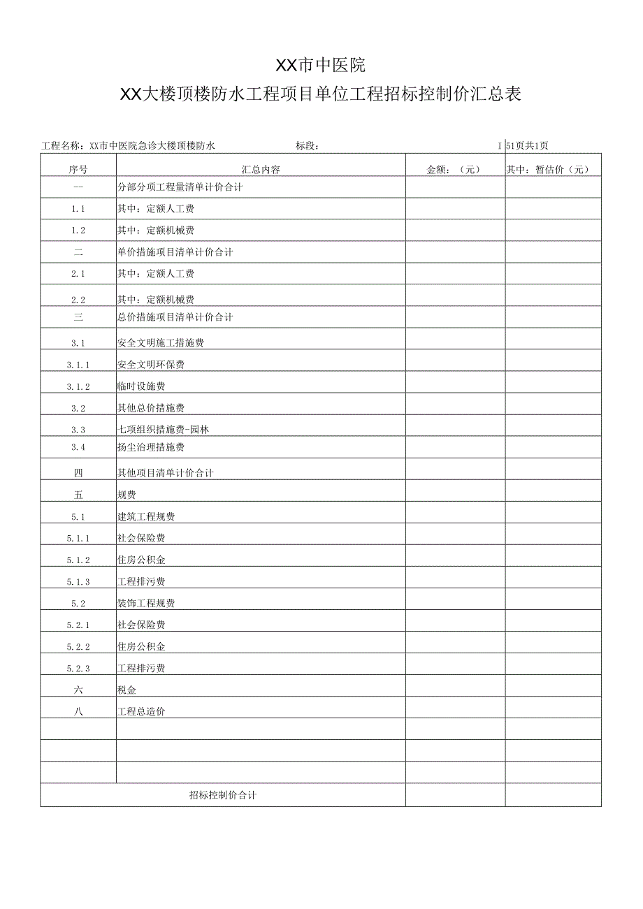 XX市中医院XX大楼顶楼防水工程项目单位工程招标控制价汇总表（2025年）.docx_第1页