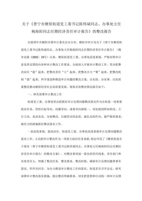关于《普宁市燎原街道党工委书记陈伟斌同志、办事处主任杨海阳同志任期经济责任审计报告》的整改报告.docx