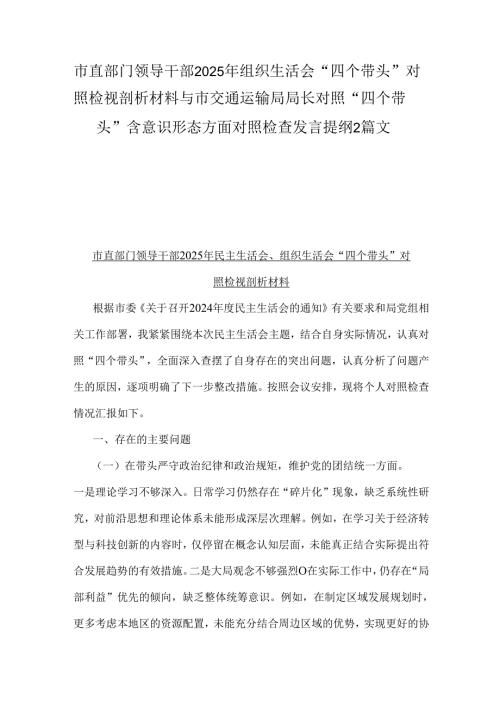 市直部门领导干部2025年组织生活会“四个带头”对照检视剖析材料与市交通运输局局长对照“四个带头”含意识形态方面对照检查发言提纲2篇文.docx