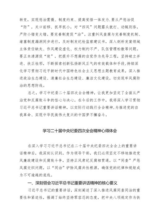 学习二十中央纪委四次全会会议精神心得体会(精选九篇).docx