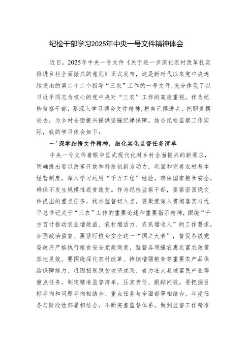 纪检监察干部学习2025年中央一号文件精神心得体会感想.docx