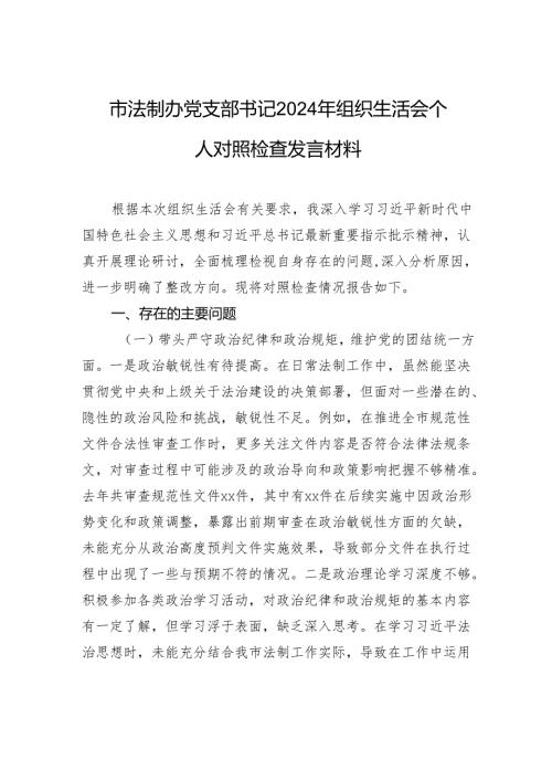 法制办党支部书记2024组织生活会个人对照检查剖析发言材料.docx